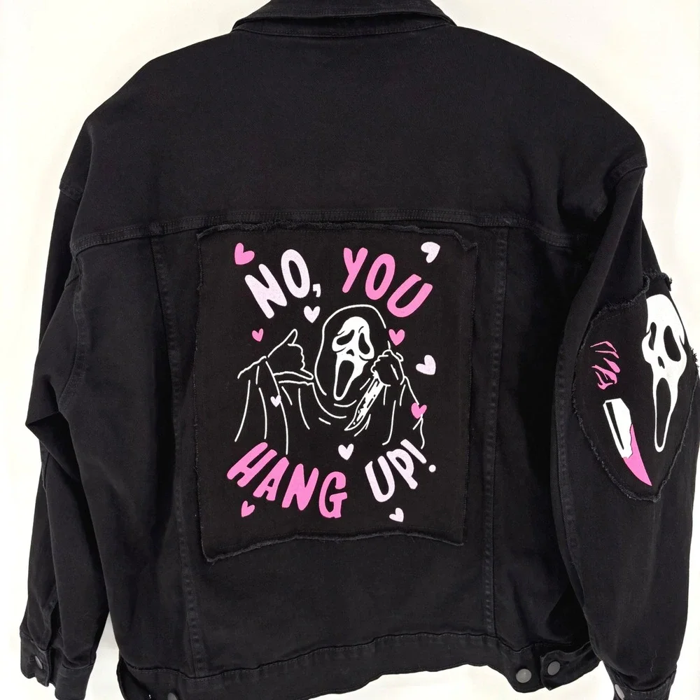 Ghost Face Denim Jacket 2024 Patches Black Pink Unisex PLUS XL